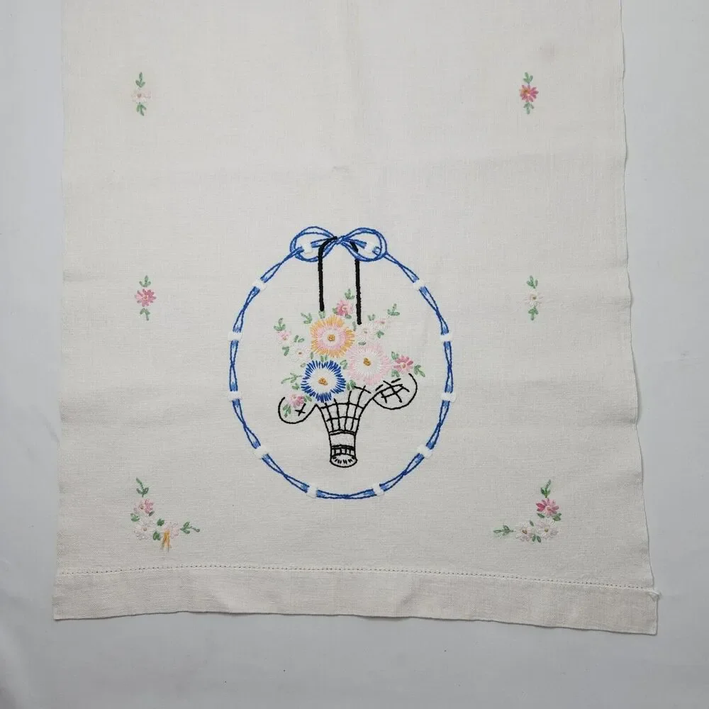 Embroidered Table Runner Dresser‎ Scarf Baskets Flowers 17in x 38in Stains